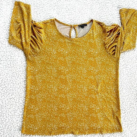 Adrianna Papell Gold White Patterned Puff Sleeve Women's Blouse Top SZ M - Picture 7 of 11